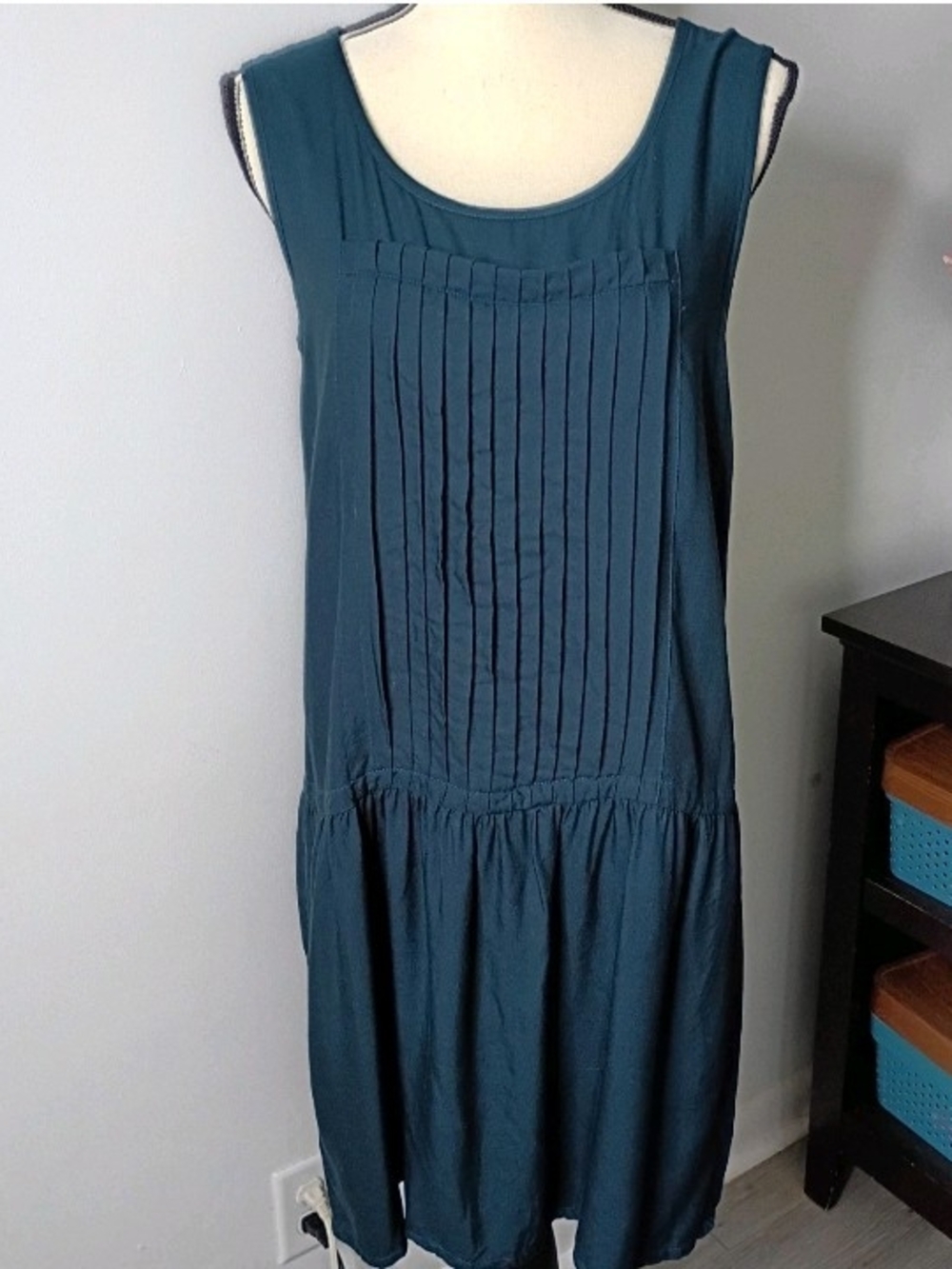 East India Company Sleeveless Teal Pleated Front Women's Drop Waist Dress